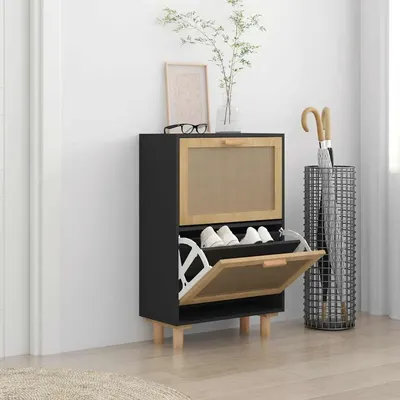 vidaXL Pantofar, negru, 52x25x80 cm, lemn prelucrat și ratan natural