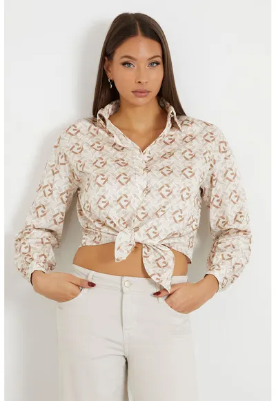 Camasa crop cu imprimeu geometric - Alb/Maro