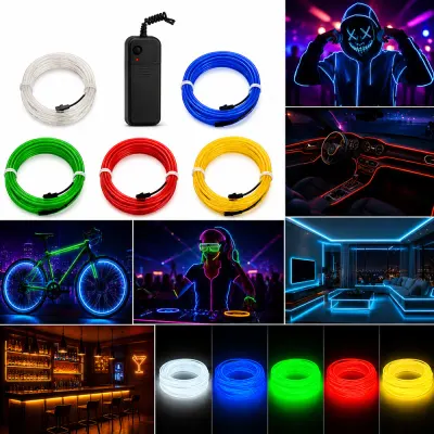 Kit fir EL Wire 5 metri, invertor portabil cu baterii, pentru party, gaming si tuning auto