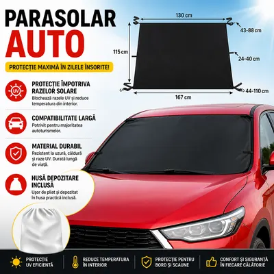Parasolar Parbriz Anti-Inghet, Dimensiuni 130 x 113 x 167 cm, Impermeabil, Montaj Rapid Prin Carlige, Protejeaza Impotriva Zapezii si a Razelor Solare, Include Sac pentru Depozitare