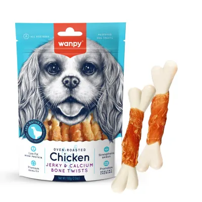 WANPY Jerky and Calcium Bone Twists, XS-M, Pui, punguță recompense câini, 100g