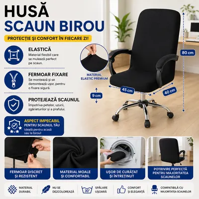 Husa universala pentru scaun de birou, banda elastica si fermoar pentru fixare, neagra, poliester, inaltime maxima a spatarului cu sezutul 80 cm, 40 x 45 x 9 cm