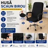 Husa universala pentru scaun de birou, banda elastica si fermoar pentru fixare, neagra, poliester, inaltime maxima a spatarului cu sezutul 80 cm, 40 x 45 x 9 cm