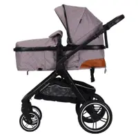 Carucior pentru copii Novokids X1000 series Beige 3 in 1 ,reversibil, cu geanta bebe, cadru aluminiu, amortizoare, roti din cauciuc, landou, scoica auto, spatar reglabil 3 trepte, plasa insecte