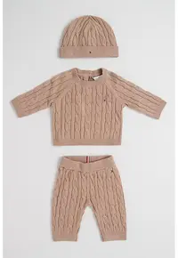 Set de imbracaminte cu model torsade - 3 piese - Maro camel