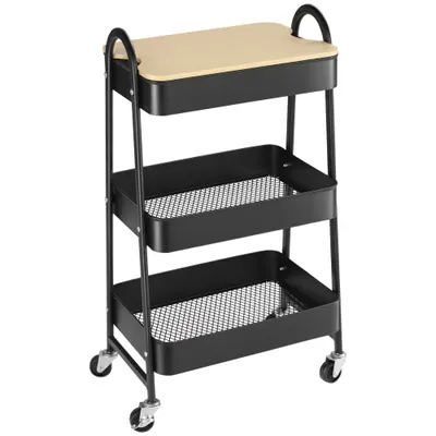 HOMCOM Servieta cărucior de stocare din oțel cu rotile cu 3 niveluri, cu blat MDF, mânere dim. 45L x 31l x 79,4H cm | Aosom Romania