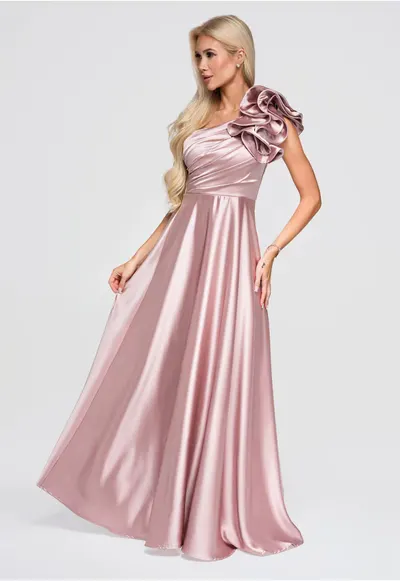 Rochie maxi cu decolteu asimetric - drapare si falbana pentru evenimente LA-OM-DLR362 - Roz