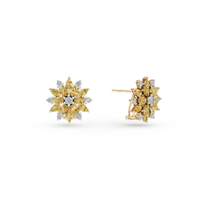 Cercei florali din aur galben cu diamante galbene si incolore de 5.19ct