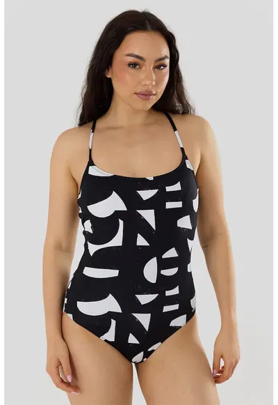 Costum de baie intreg cu model Lorida - Negru stins/Alb optic