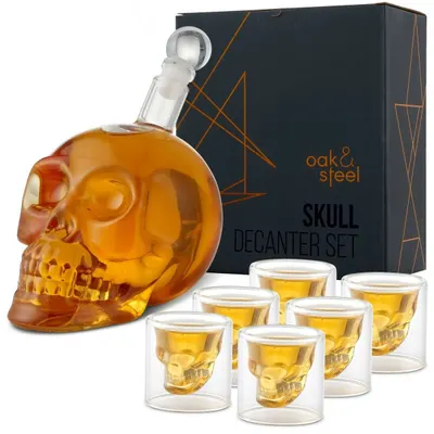 Set de whisky Oak & Steel - Craniu, carafă cu 6 pahare de shot