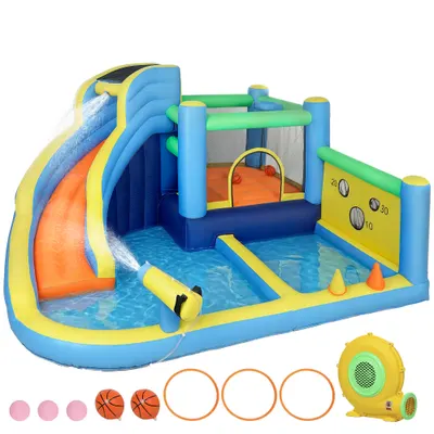AIYAPLAY Castel gonflabil cu suflător 8 în 1, parc acvatic, tobogan, trambulină, piscină de mingi, Oxford, multicolor | Aosom Romania
