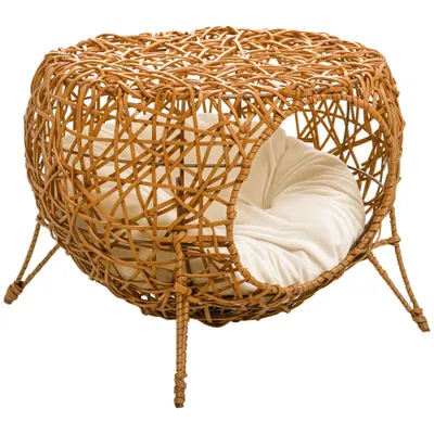 PawHut Cușcă pentru pisică pat pentru pisică cuție pentru pisică casă de pisică din răchită cu pernă groasă Ø 40 x 32 cm maro deschis | Aosom Romania