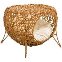 PawHut Cușcă pentru pisică pat pentru pisică cuție pentru pisică casă de pisică din răchită cu pernă groasă Ø 40 x 32 cm maro deschis | Aosom Romania
