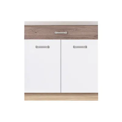 Corp inferior + front 80 ECO-6D, cu sertar si 2 usi, corp stejar sonoma, fronturi alb lucios + stejar sanremo, 80x51x82 cm