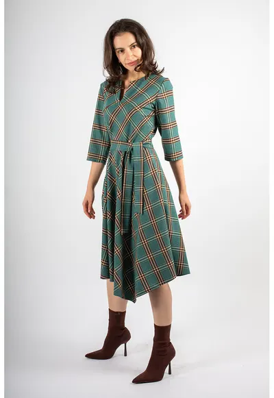 Rochie midi cu cordon in talie Elisabeth - Maro/Verde pal/Albastru petrol