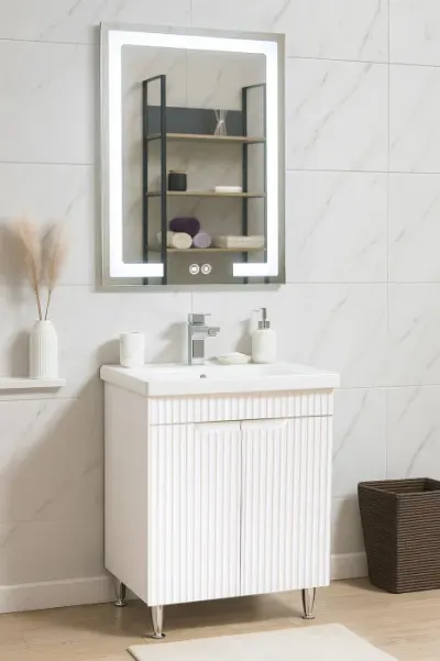 Set Baza front MDF cu Lavoar si Oglinda cu iluminare LED, seria 733, 60 cm, alb