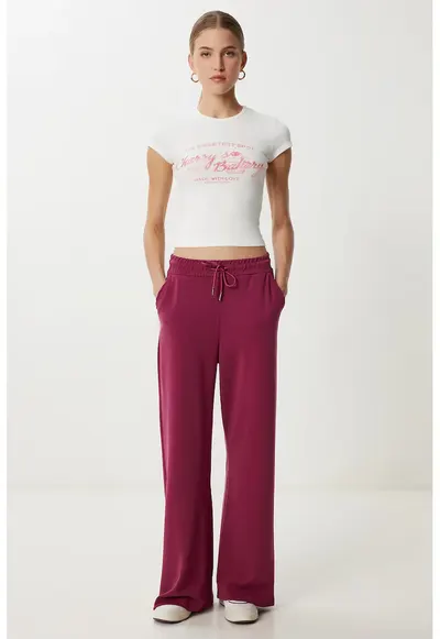 Pantaloni dama - Happiness Istanbul - pantaloni de trening - picior lat - mov ametist - textil