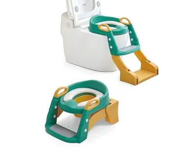 Reductor toaleta pentru copii Little Mom Green, pliabil, ergonomic, sezut din PVC, manere de sustinere, vas colector detasabil, protectie anti-stropire, suprafata antiderapanta, 55 x 35 x 58 cm