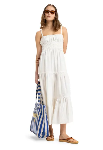 Rochie lunga fara maneci cu talie elastica - Alb