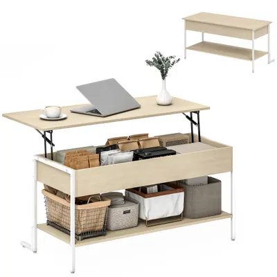 HOMCOM Masă de Cafea Extensibilă cu Închidere Blândă Spațiu Ascuns de Depozitare și Raft Deschis 95x40x59 cm Lemn Natural și Alb | Aosom Romania