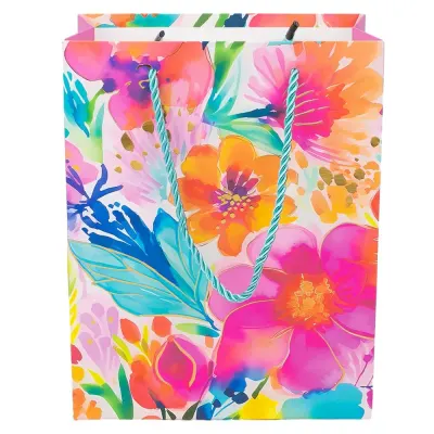 Pungi cadou cu model floral și dungă aurie, mix 4 modele (set 12 buc) - 18x23x10cm