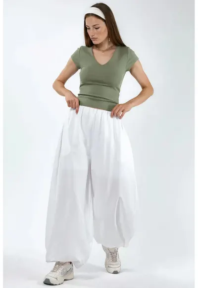 Pantaloni dama balon - elastic - alb - bumbac/poliester