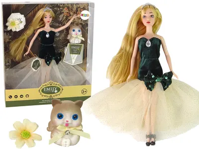 Păpuşă Lean Toys - Emily, cu rochie verde cu tul bej și pisicuță, 30 cm