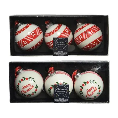 Set 3 globuri - Glass Holly Text - Merry Christmas - Red-White - mai multe modele