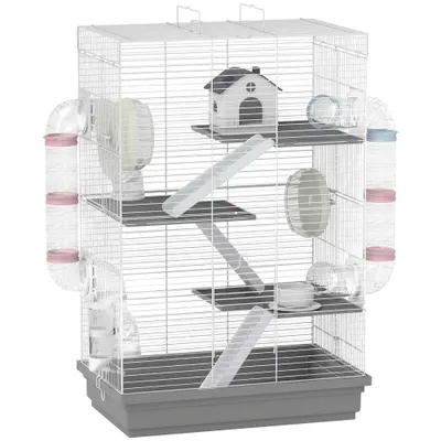 PawHut Cușcă pentru Hamsteri pe 4 Niveluri cu 16 Tuburi, Căsuță, Rampă, Boluri, Rezervor de Apă și Tăviță Antipicurare, Cușcă din Metal și Plastic, 47x30x70 cm, Gri | Aosom Romania