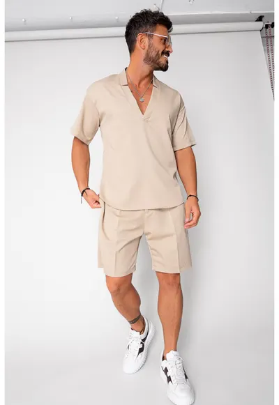 Set Como bluza V-cut si pantaloni scurti Beige 16740 - Bej