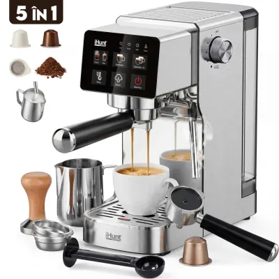 Espressor iHunt Bro Barista Flex 5 in 1, Pompa Ulka 19 Bar, Rezervor Apa 1.2L, Ecran Tactil, Sistem Incalzire Termobloc 1350W, Compatibil cu Cafea Macinata - Capsule - Paduri, Duza Abur, Inox