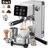 Espressor iHunt Bro Barista Flex 5 in 1, Pompa Ulka 19 Bar, Rezervor Apa 1.2L, Ecran Tactil, Sistem Incalzire Termobloc 1350W, Compatibil cu Cafea Macinata - Capsule - Paduri, Duza Abur, Inox