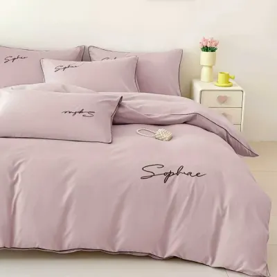 Lenjerie pat dublu, Finet Soft Touch cu Broderie, 6 piese, Roz