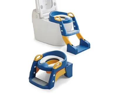 Reductor toaleta pentru copii Little Mom Blue, pliabil, ergonomic, sezut din PVC, manere de sustinere, vas colector detasabil, protectie anti-stropire, suprafata antiderapanta, 55 x 35 x 58 cm