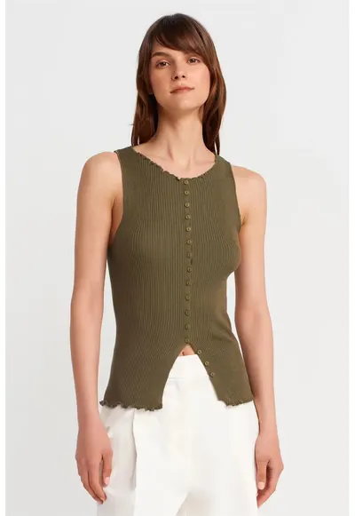 Tricou femei - fara maneci - slim fit - verde kaki - tricot viscoza-acril-poliamida