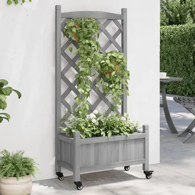 Gossi jardiniera cu spalier si roti, gri, lemn masiv de brad