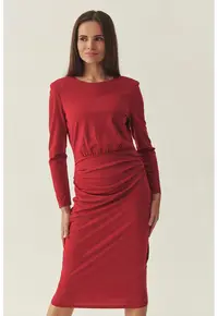 Rochie cu maneci lungi si detalii drapate - Rosu vermillion