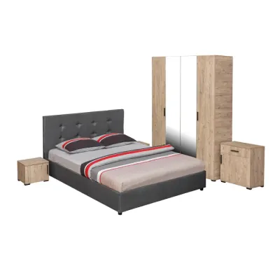 Set dormitor ECONO, 5 piese, pat 160x200 cm, dulap 4 usi, comoda, 2 noptiere, sherwood + gri