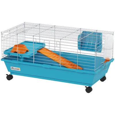 PawHut Cușcă pentru Animale Mici cu Roți Sticlă Bol Distribuitor de Fân pentru Iepuri și Porcușori de Guineea 89x44x43 cm Albastru | Aosom Romania