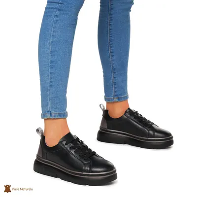 Pantofi Casual dama din Piele naturala cu talpa groasa CRL0054 NEGRU