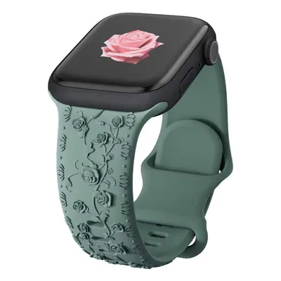Curea Trandafiri, Silicon Gravat, Compatibila Apple Watch, Detalii florale, Ajustabila, Verde - 38/40/41 mm Engros