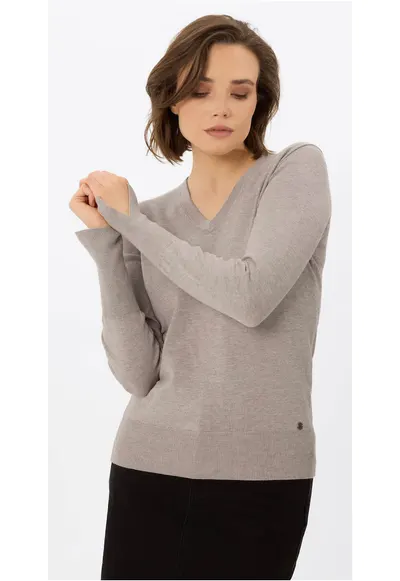 Pulover dama cu decolteu in V - S-Neli - Slim Fit - bej melange - Bej melange