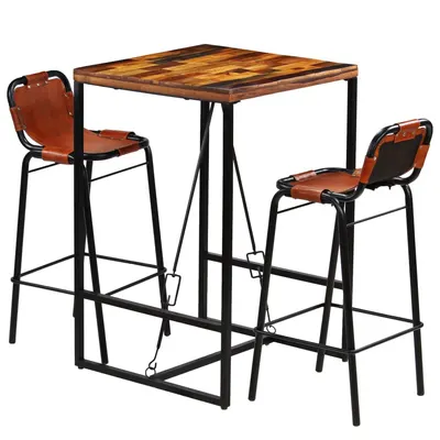 vidaXL Set bar, 3 piese, lemn masiv reciclat & piele naturală de capră