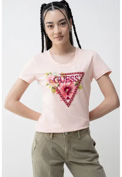 Tricou cu imprimeu - logo in relief si aplicatii cu strasuri - Roz fandango/Piersica
