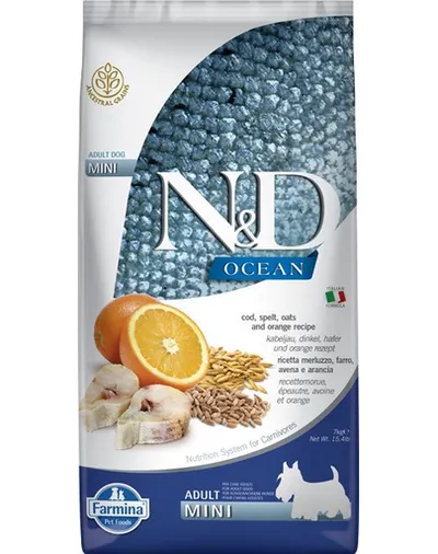 FARMINA N&D Ocean Adult Mini, Hrana uscata pentru caini de talie mica, cu cod, grau, ovaz, portocale 2,5 kg