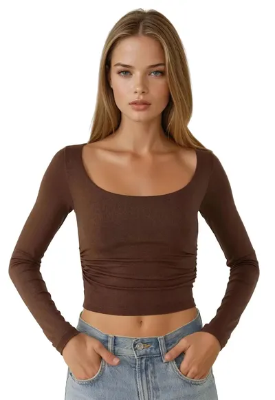 Bluza dama - slim fit - guler rotund - scurta - maro - viscoza