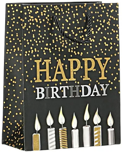 Pungă cadou Happy Birthday - Lumânări, 18 х 23 х 8 cm, negru