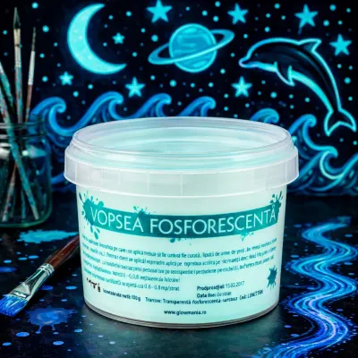 Vopsea glow in the dark fosforescenta, luminescenta, transparenta care lumineaza turcoaz