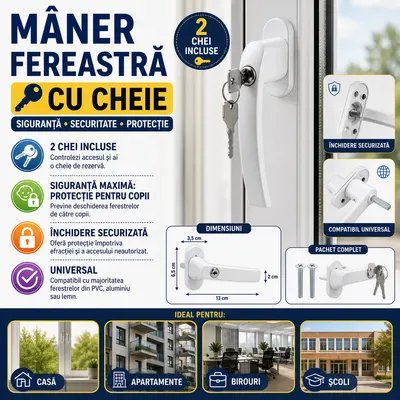 Maner fereastra cu incuietoare, model universal, inchidere securizata, 2 chei incluse, Alb