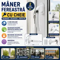 Maner fereastra cu incuietoare, model universal, inchidere securizata, 2 chei incluse, Alb